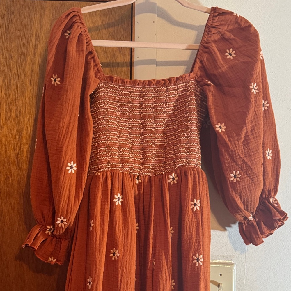 Rust Orange Floral Smocked Dress